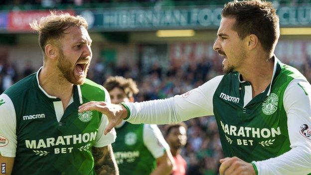 Hibs' Martin Boyle and Jamie Maclaren celebrate