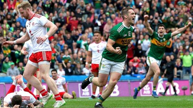 Stephen O'Brien celebrates scoring Kerry's second-half goal against Tyrone