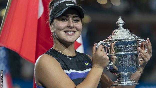 Bianca Andreescu smiles as she holds up the trophy after winning the 2020 US Open