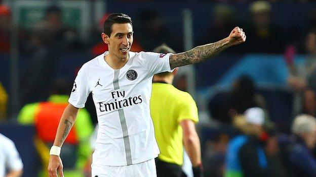 Angel di Maria celebrates PSG's win over Manchester United at Old Trafford