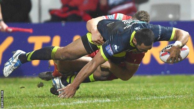 Wakefield's Bill Tupou goes over for his side's second try at Hull KR