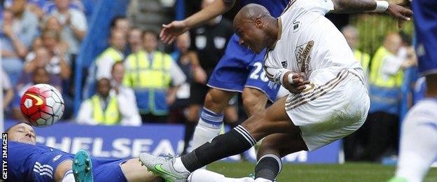 Andre Ayew scores for Swansea against Chelsea