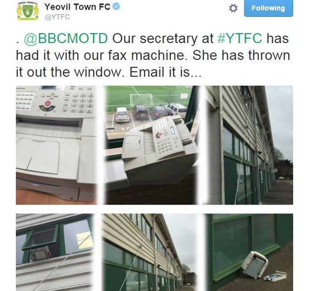 Yeovil Town show their fax machine thrown from a window