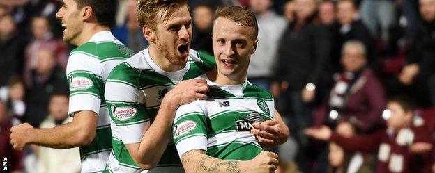 Celtic's Leigh Griffiths celebrates against Hearts