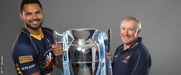 Warriors' England centre Ben Te'o and boss Alan Solomons got their hands on the trophy at this year's annual Premiership launch - but they are long odds to do so again in May