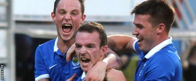 David Kee (centre) is congratulated after scoring Linfield's goal in Slovakia