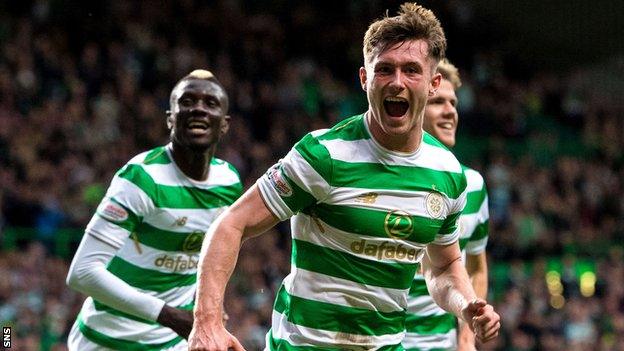 Celtic's Anthony Ralston celebrates scoring against Kilmarnock in the League Cup