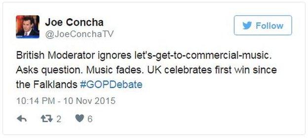 Tweet from Joe Concha reading: "British moderator ignores let's-get-to-commercial-music. Asks question. Music fades. UK celebrates first win since the Falklands."