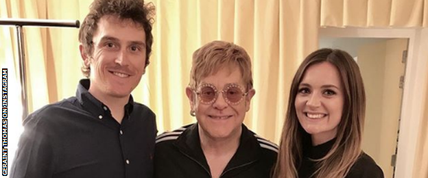 Geraint Thomas with wife Sara and Elton John