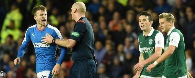 Rangers' Andy Halliday is sent off by referee Bobby Madden