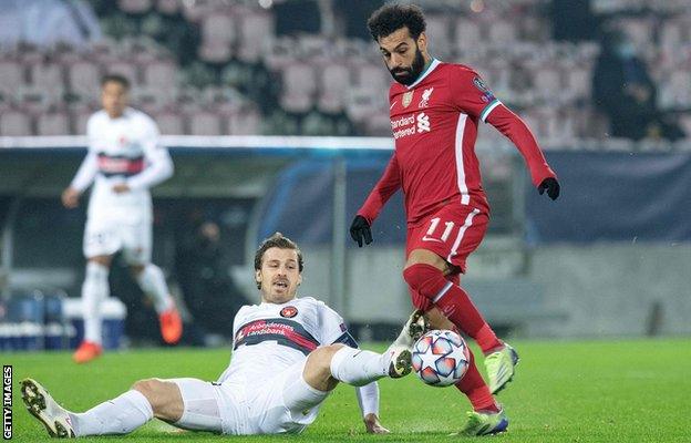 Midtjylland's Erik Sviatchenko (left) in action against Liverpool