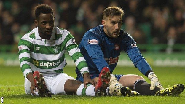 Moussa Dembele sits on the pitch with Hamilton keeper Gary Woods