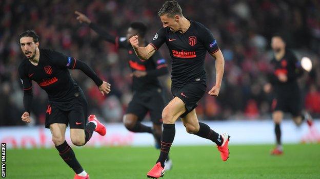 Atletico's Marcos Llorente celebrates his side's first goal