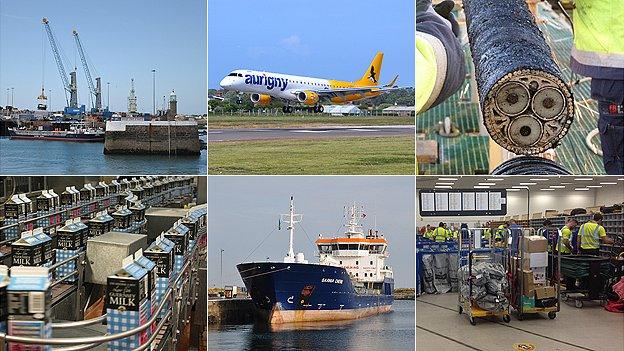 Montage (clockwise): St Peter Port Harbour cranes, Aurigny jet, undersea electricity cable, milk being packaged at Guernsey Dairy, oil tanker Sarnia Cherie, sorting office at Guernsey Post