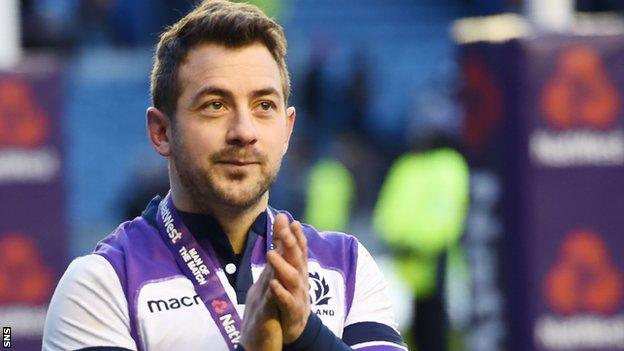 Greig Laidlaw applauds supporters after Scotland's win over France