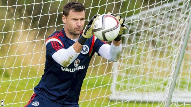 David Marshall saves during Scotland training