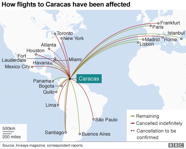 Map shows disruption on flights from Caracas