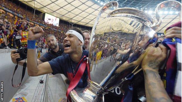 Neymar celebrates after winning the Champions League with Barcelona in 2015