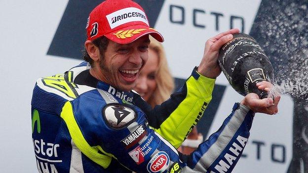 Valentino Rossi celebrates winning at Silverstone