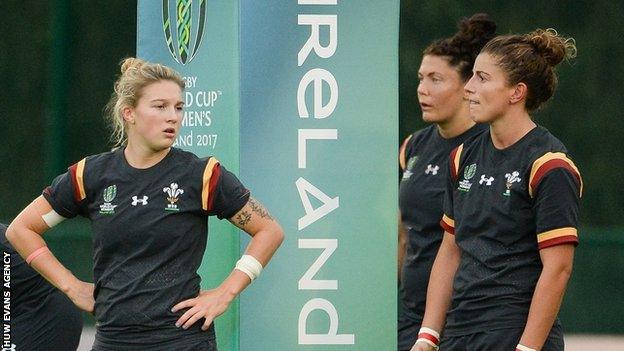 Wales' women wait for a Canada conversion during their 52-0 defeat in the World Cup