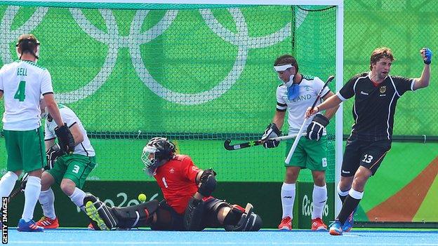 Moritz Furste celebrates scoring the opening goal for Germany against Ireland in Rio