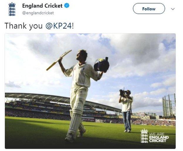 The official account for England's cricket team sent this message to Kevin Pietersen