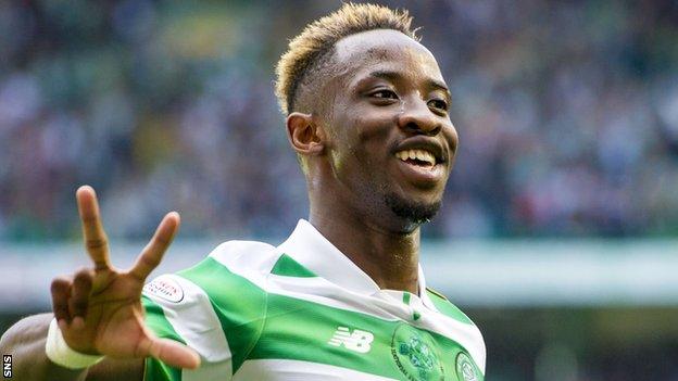 Celtic striker Moussa Dembele celebrates his hat-trick