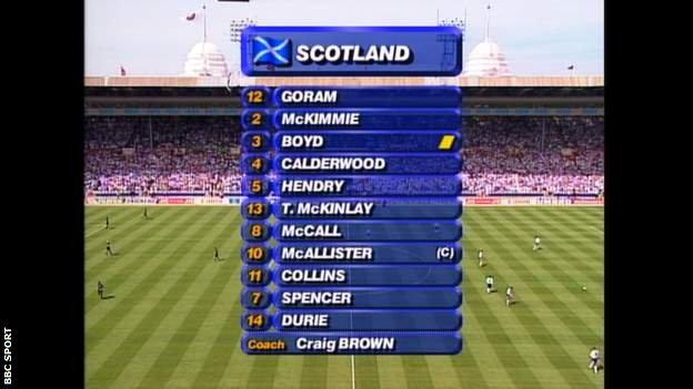 Snapshot showing the Scotland team vs England at Euro 96: Goram; Calderwood, Hendry, Boyd; McKimmie, McCall, McAllister, Collins, McKinlay; Durie, Spencer