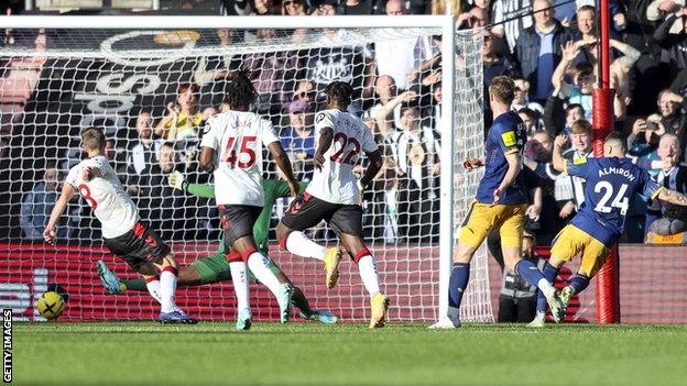 Miguel Almiron scores Newcastle's opening goal at Southampton