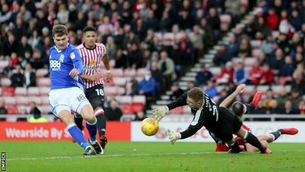 Sam Gallagher puts Birmingham in front against Sunderland at the Stadium of Light