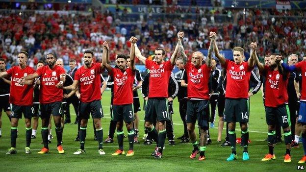 Wales' players salute their fans, led By Gareth Bale (centre)