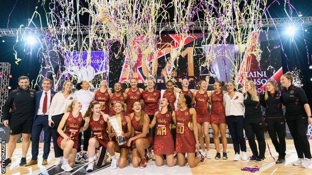 Captain Serena Guthrie of England (C) and her team-mates celebrate with the Taini Jamison Trophy after their series win during game three of the Cadbury International Netball Series between the New Zealand Silver Ferns and the England Vitality Roses at Christchurch Arena, New Zealand.