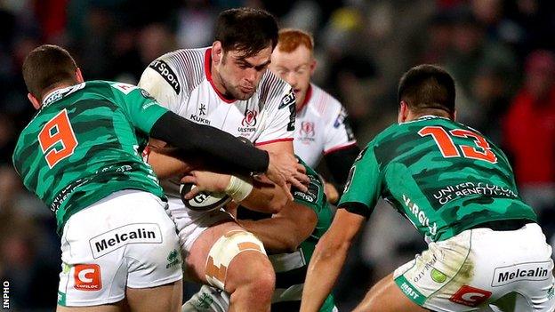 Ulster flanker Clive Ross faces Giorgio Bronzini and Ignacio Brex