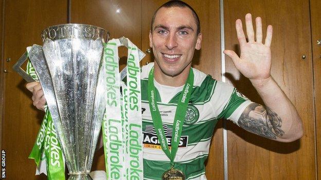 Celtic captain Scott Brown with the Premiership trophy