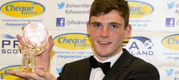 Andrew Robertson holds the PFA Scotland Young Player of the Year trophy