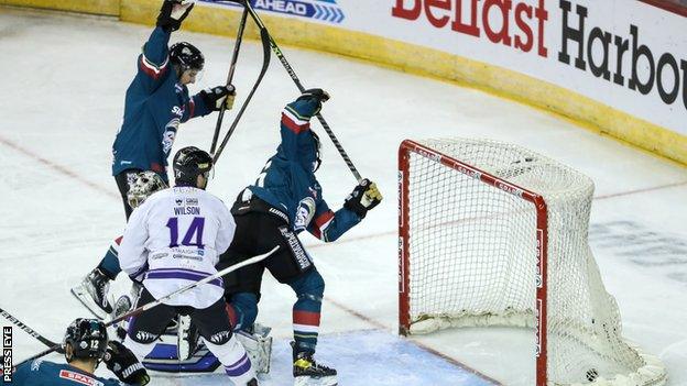 Mark Cooper celebrates after scoring for Belfast Giants against Manchester Storm in November