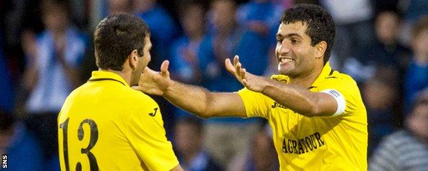 Alashkert's Gevorg Poghosyan and Vaghan Minasyan celebrate at full-time