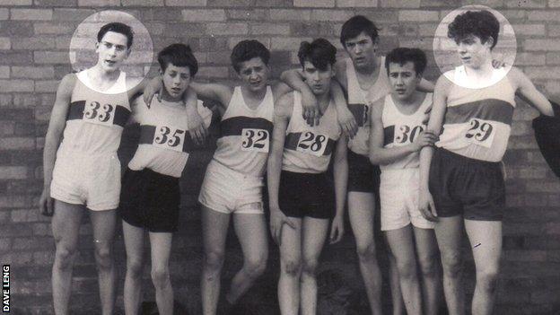 Dave (left), Brendan Foster (right), both aged 15 in 1963, with fellow schoolboy runners from Gateshead Harriers