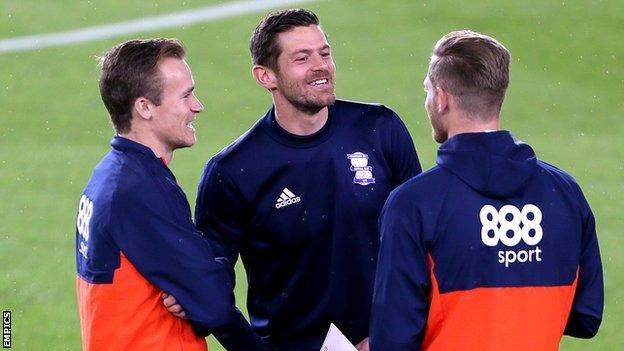 Birmingham City team-mates Maikel Kieftenbeld (left), Luka Jutkiewicz and Michael Morrision (right)