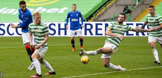 Connor Goldson scores for Rangers against Celtic