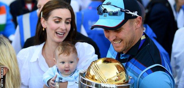 Jason Roy with the World Cup trophy