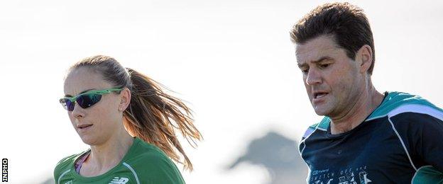 Kerry O'Flaherty and her coach and partner Richard Rodgers during a training run before the recent European Cross Country Championships