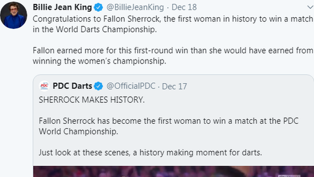 Billie Jean King tweets her congratulations to Fallon Sherrock