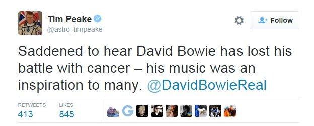 @astro_timpeake: Saddened to hear David Bowie has lost his battle with cancer - his music was an inspiration to many. @DavidBowieReal