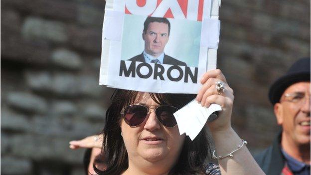 A protestor in Cardiff