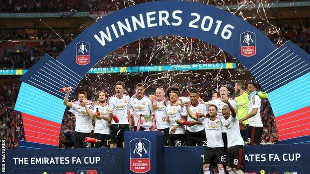 Manchester United's players celebrate winning the 2016 FA Cup final