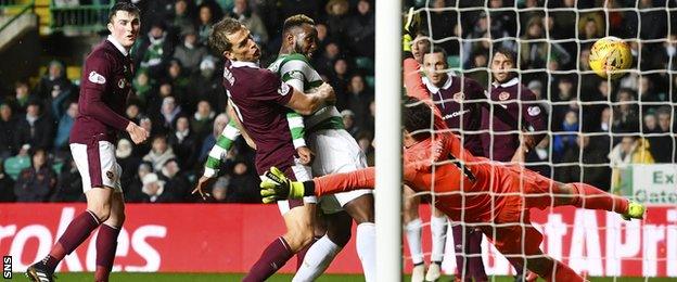 Moussa Dembele scores for Celtic against Hearts