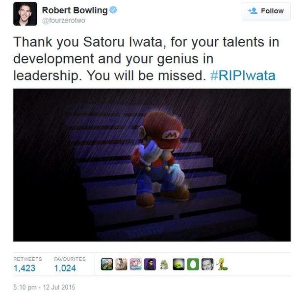 Screenshot of tweet on Satoru Iwata on 13 July 2015