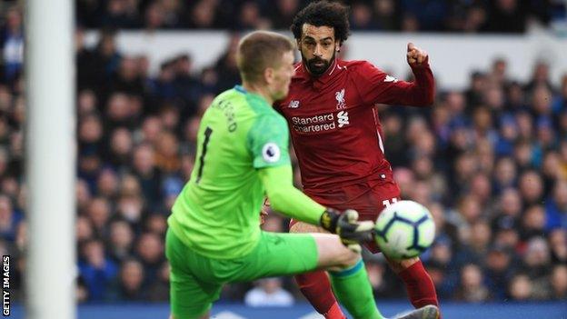 Mohamed Salah shot saved by Jordan Pickford