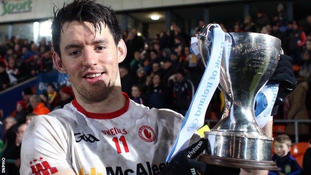 Mattie Donnelly lifts the McKenna after Tyrone beat Derry in the 2016 final